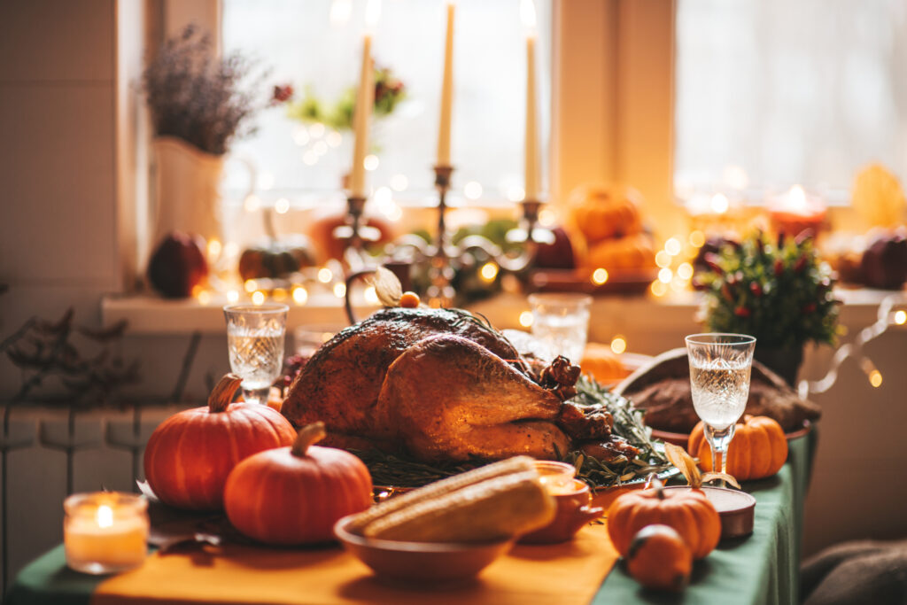 A turkey with squashes on a Thanksgiving Day dinner 