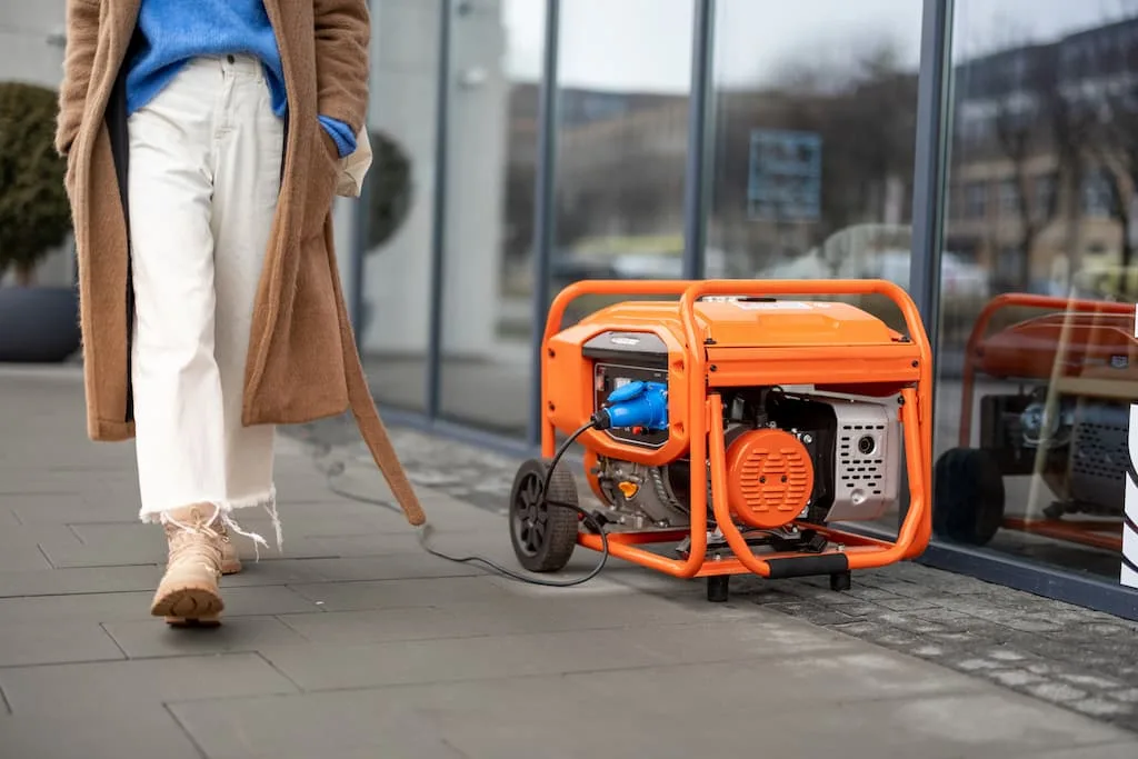 A woman is walking by a gasoline backup generator in front of a restaurant.