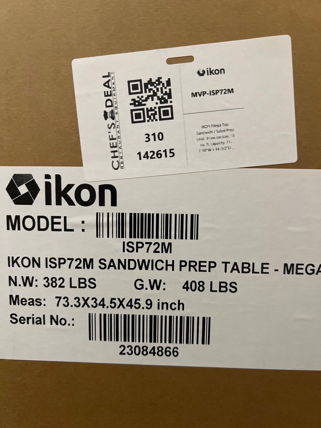 IKON ISP72M 72" Three Section Mega Top Sandwich/Salad Prep Table w/ 3 Solid Doors, 27 Pans, 18 cu. ft. - Open box