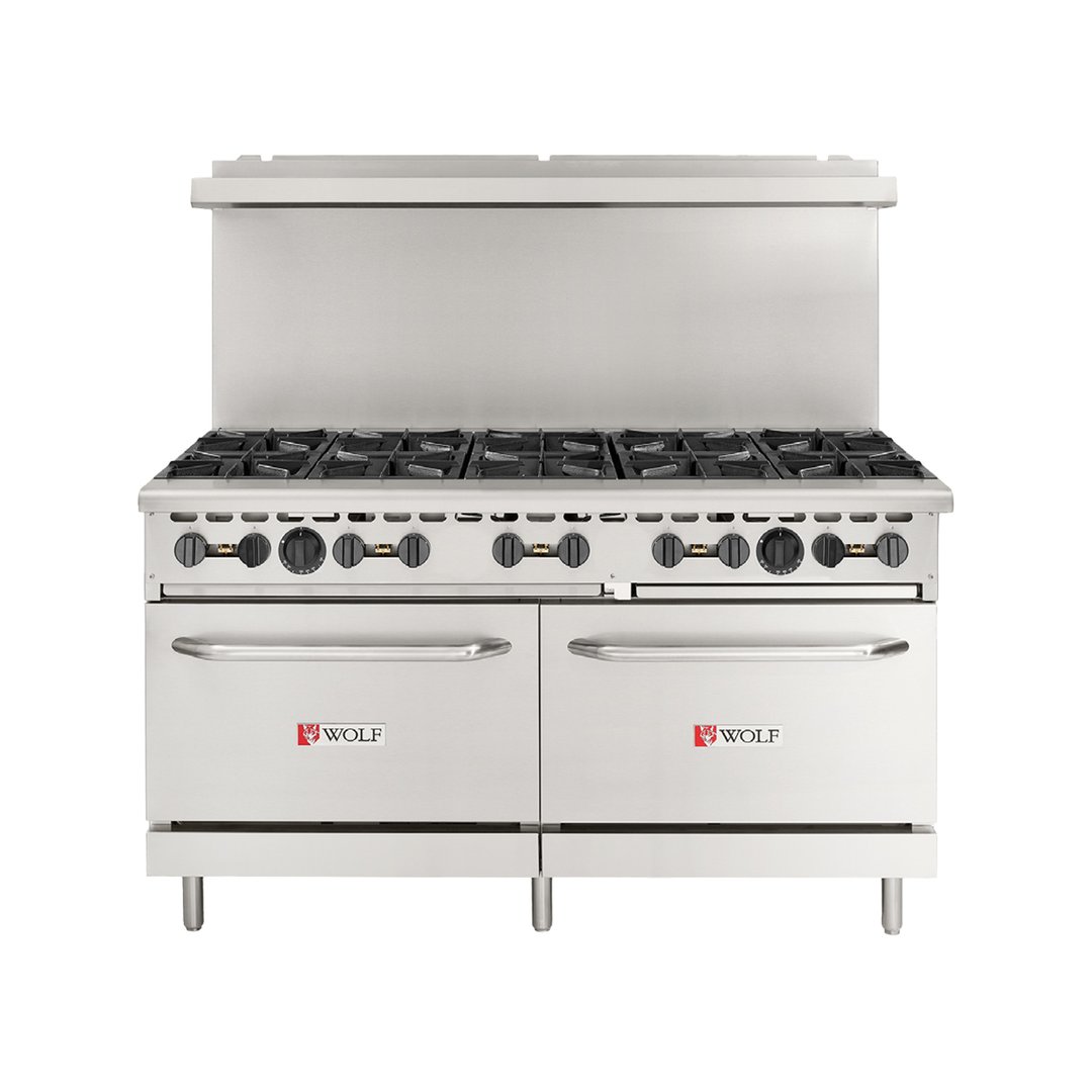 Wolf WX60-10BN 60" Natural Gas Restaurant Range w/ (10) Open Burners, (2) Standard Ovens, 340.000 BTU
