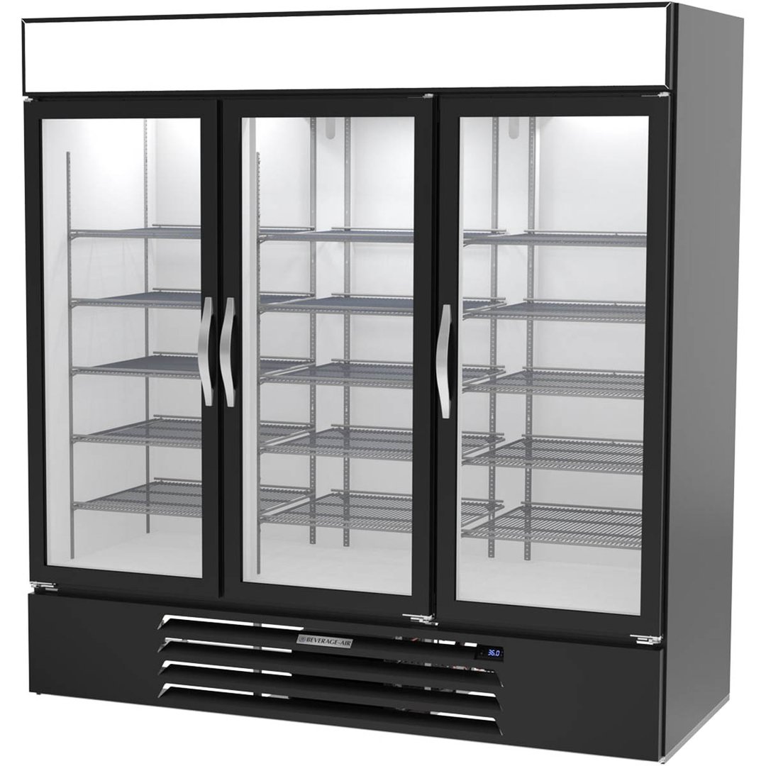 Beverage Air MMR72HC-1-B 75" Three Swing Glass Door Merchandiser Refrigerator in Black, 68.5 cu. ft. - Open box