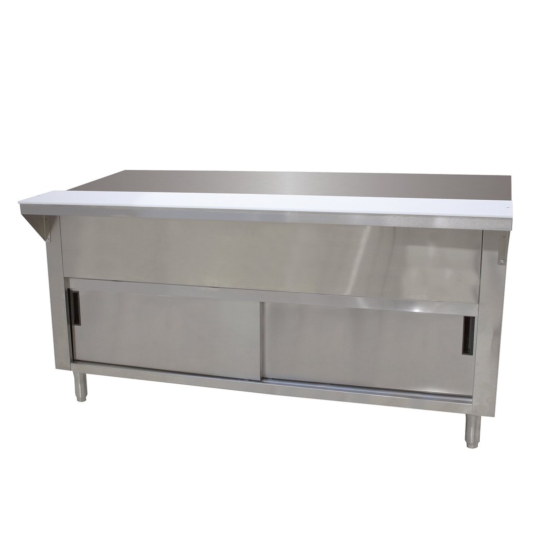 Advance Tabco STU-3-DR 47" Solid Top Table with Cabinet Base and Sliding Doors