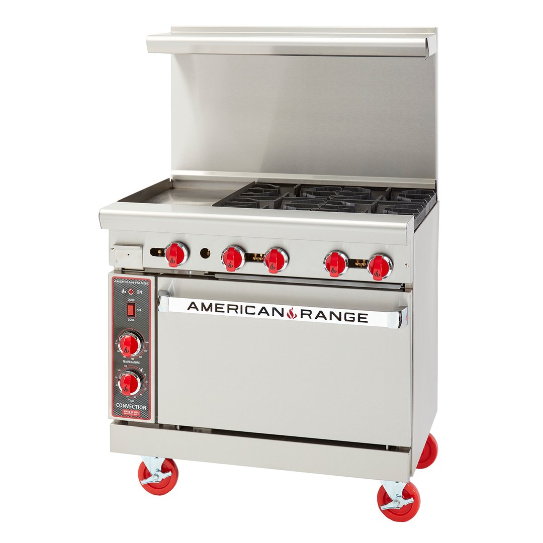 American Range ARGF-12G-4B-C 36" Gas Restaurant Range, (1) 12" Griddle, (4) Open Green Flame Burners w/ Pilotless Electronic Ignition, (1) Convection Oven, 150.000 BTU 