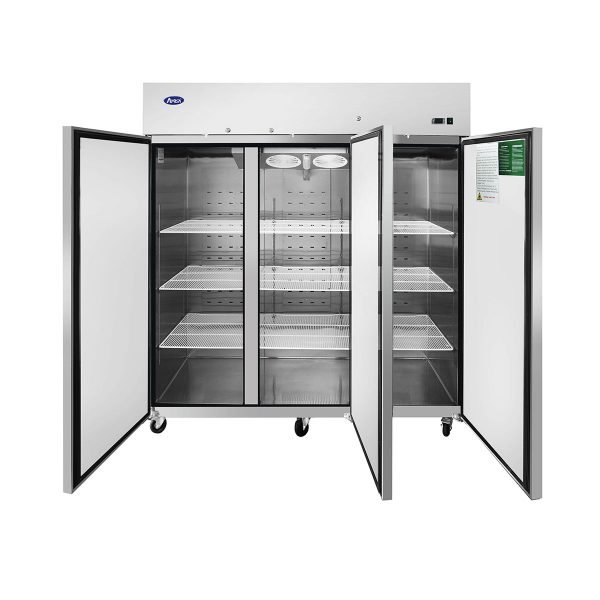 Atosa USA MBF8006GR 77" Three Section Reach-In Refrigerator w/ 3 Solid Door, Top Mount, Stainless Steel, 65 cu. ft.