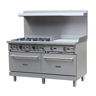 Adcraft BDGR-6024G/NG 60" Natural Gas Restaurant Range w/  (6) Open Burners, (1) 24" Griddle, (2) Standard Ovens, 280.000 BTU 