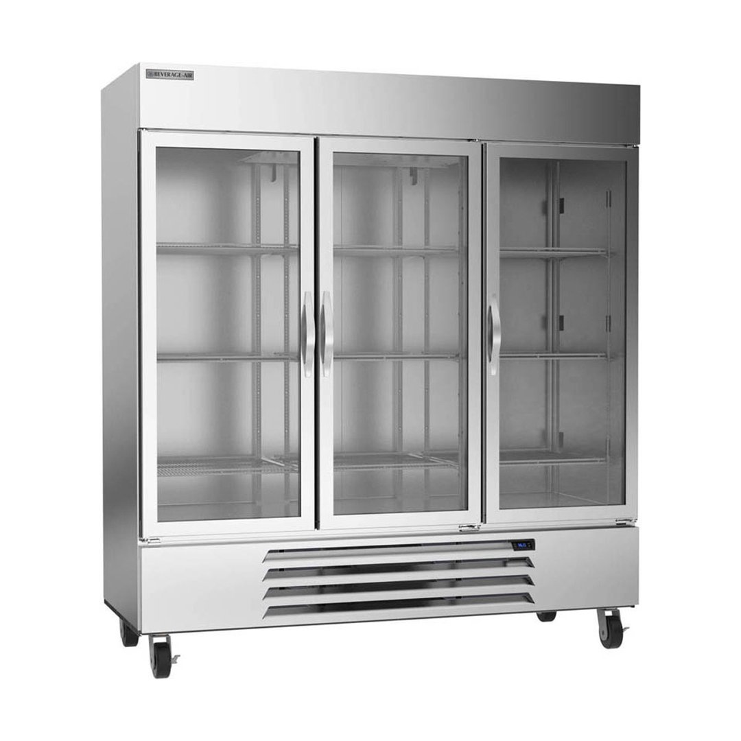 Beverage Air HBR72HC-1-G 75" Three Section Reach-In Refrigerator w/ 3 Glass Full Doors, Bottom Mount, 1/2 hp, 69 cu. ft.