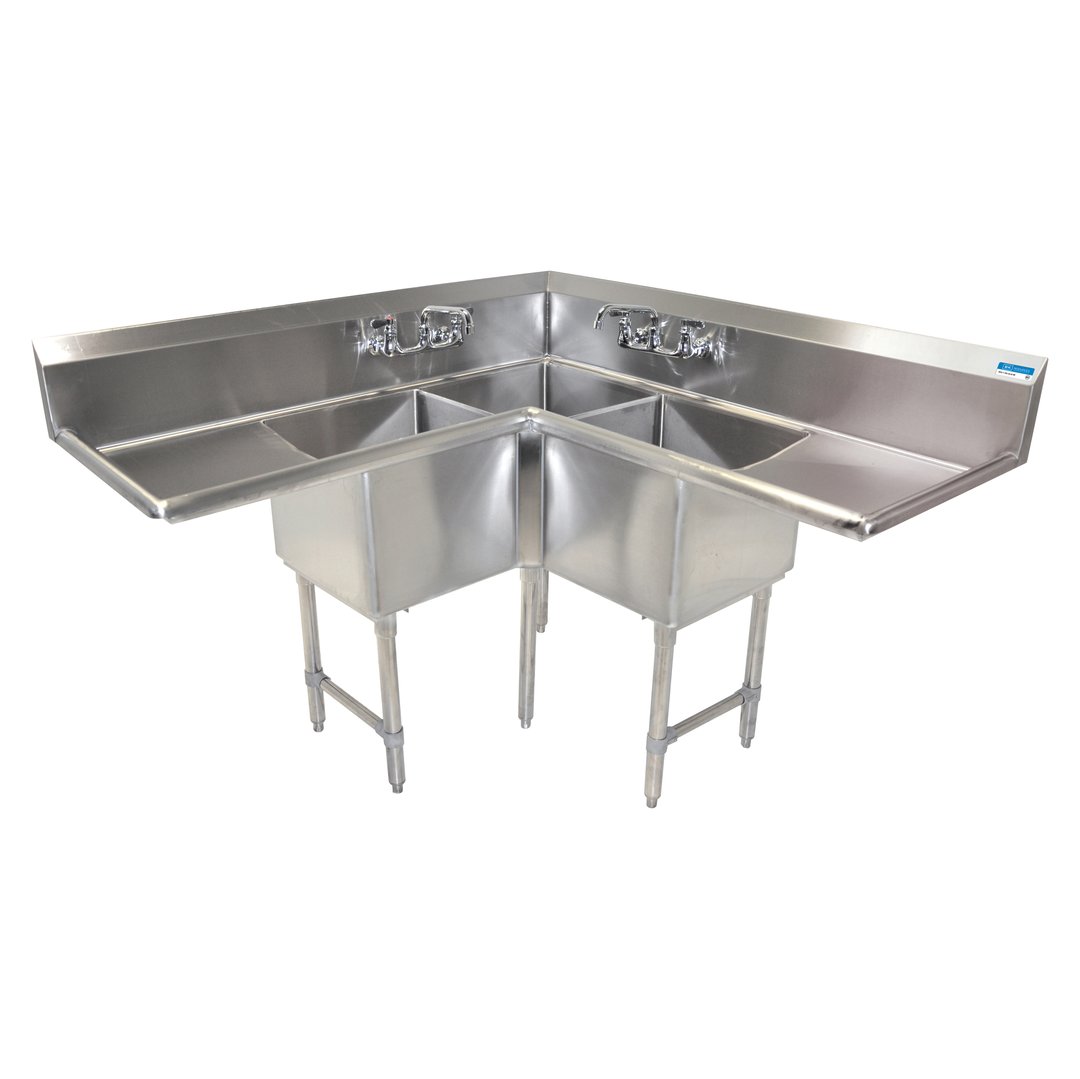BK Resources BKCS-3-18-14-18TS 57" 3 Compartment Corner Sink, 18"W x 18"L Bowl - Stainless Steel