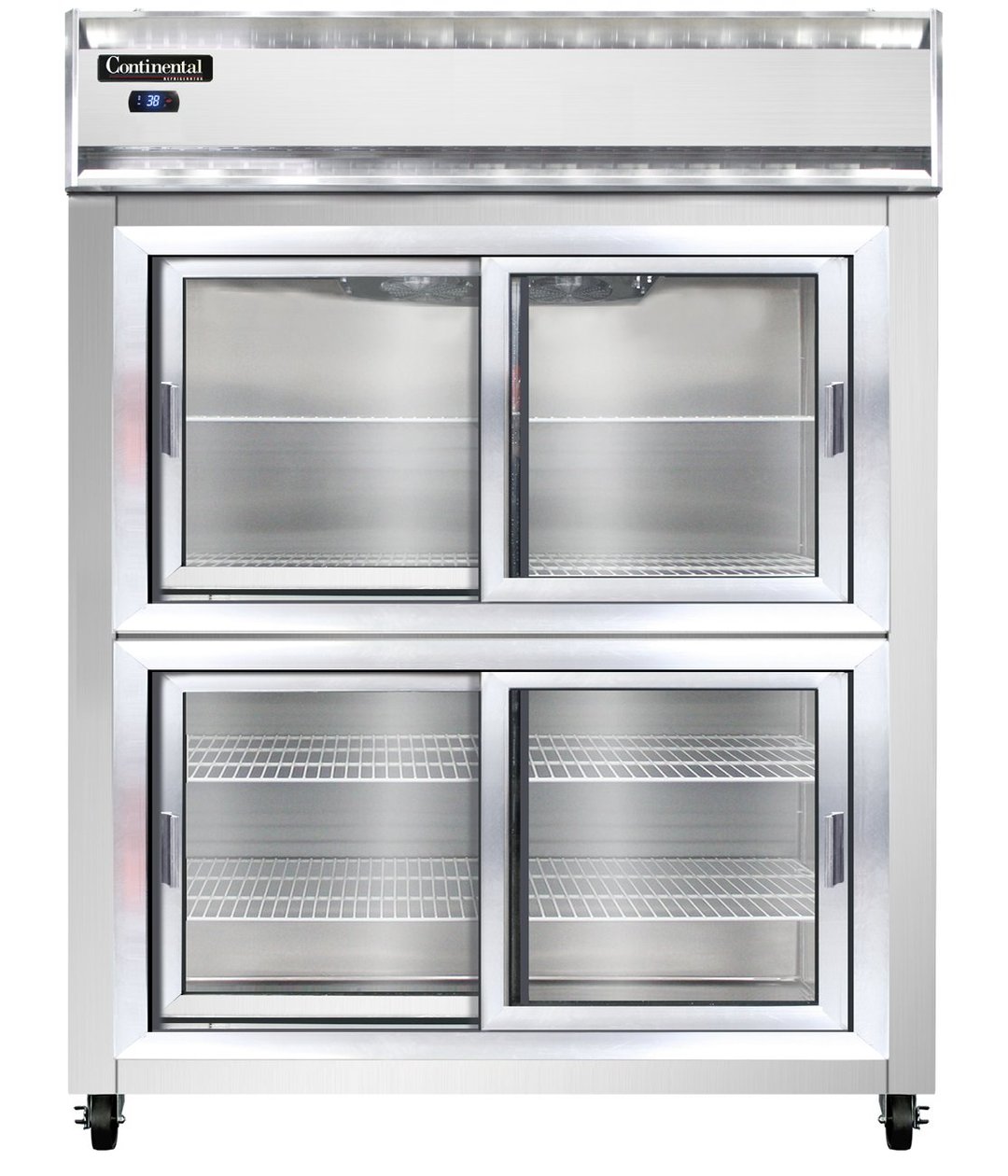 Continental 2RENSSSGDHD 57" Two Section Reach-In Refrigerator w/ 4 Sliding Half Glass Doors, All Stainless Steel, 50 cu.ft.
