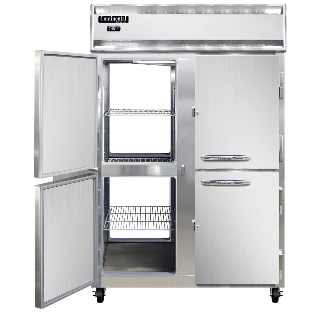 Continental Refrigerator 2RNPTHD 52" Two Section Pass-Thru Refrigerator w/ 8 Half Solid Doors, Stainless Steel Front Aluminum Ends, 50 cu. ft.