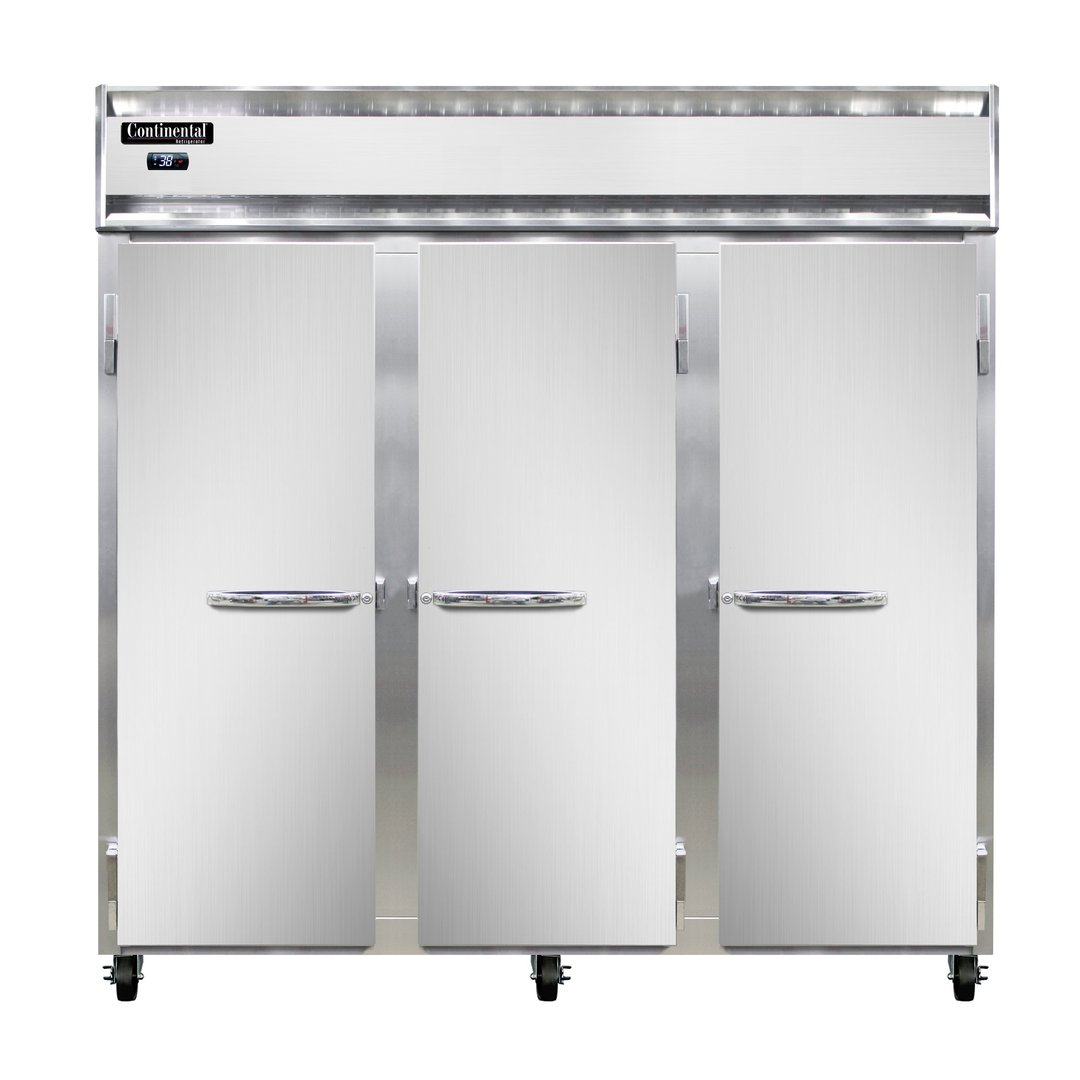 Continental Refrigerator 3RNPT 78" Three Section Pass-Thru Refrigerator w/ 6 Solid Doors, Stainless Steel Front Aluminum Ends, 72 cu ft
