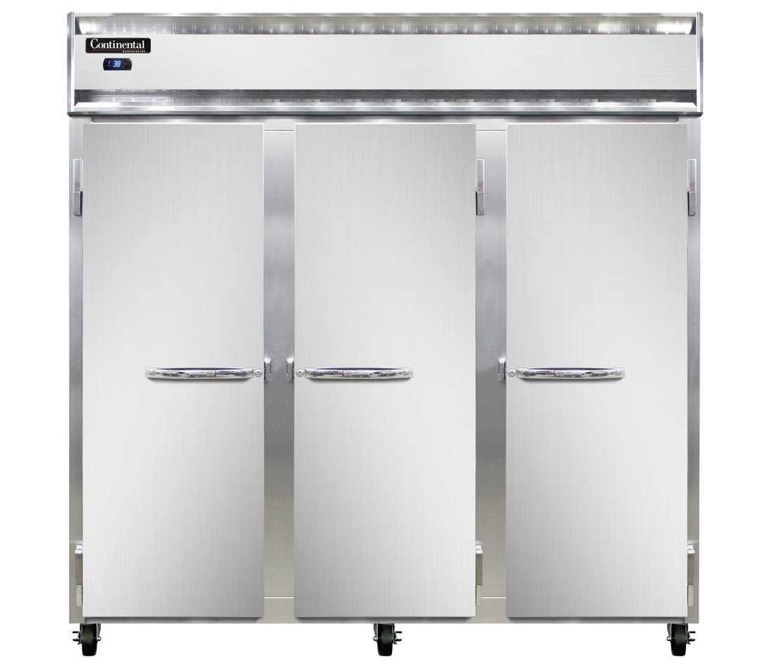 Continental Refrigerator 3RNSS 78" Three Section Reach-In Refrigerator w/ 3 Solid Doors, All Stainless Steel, 70 cu.ft.