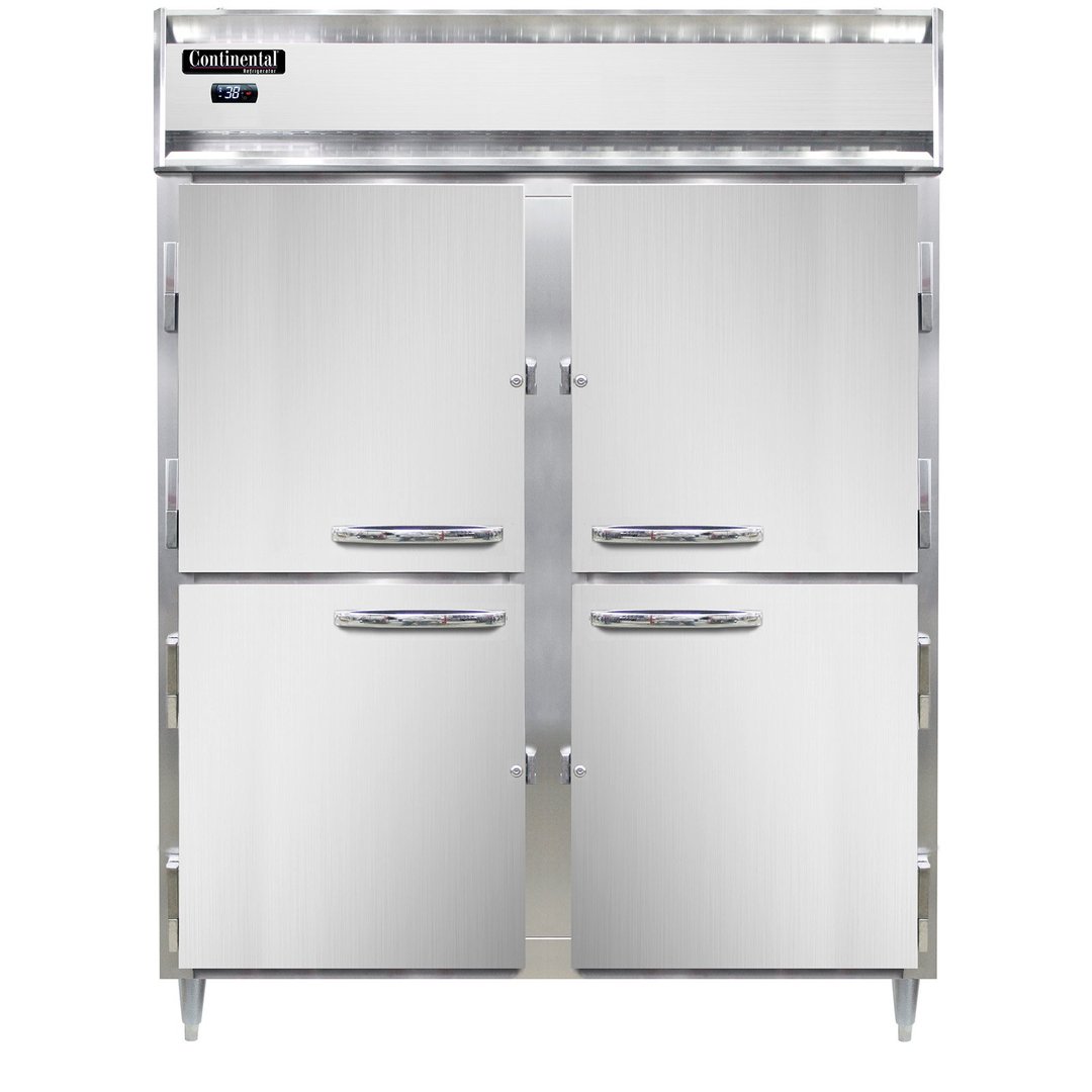 Continental Refrigerator D2RENSSPTHD 57" Two Section Pass-Thru Refrigerator w/ 8 Half Solid Doors, All Stainless Steel, 52 cu. ft.