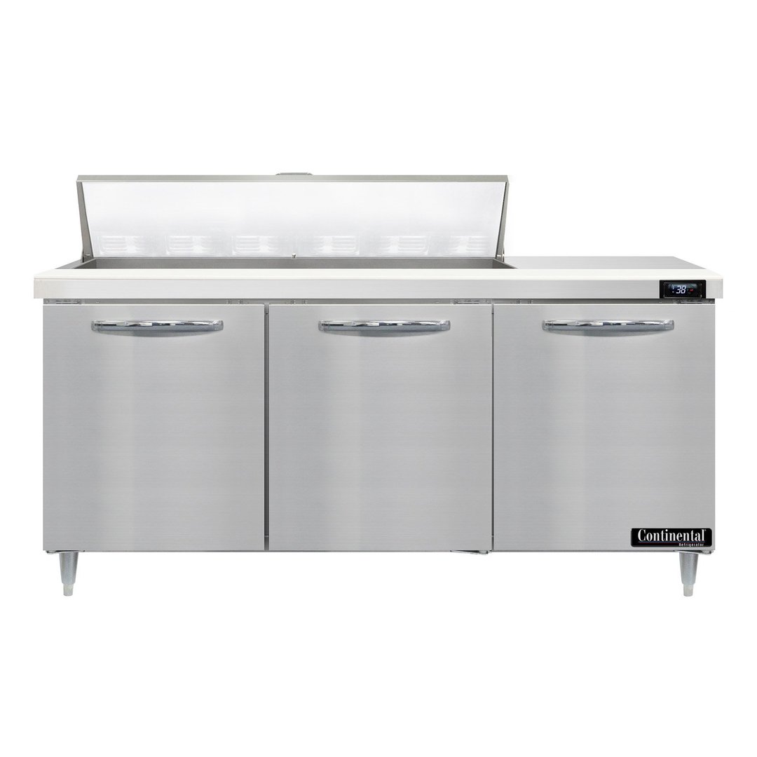 Continental Refrigerator D72N12 72" Three Section Sandwich / Salad Prep Table w/ 3 Doors, 12 Pans