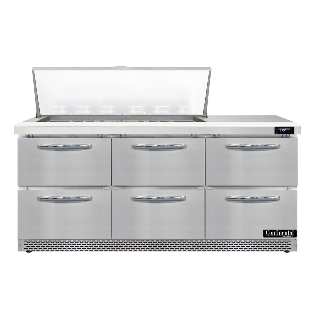Continental Refrigerator D72N18M-FB-D 72" Mega Top Sandwich Prep Table w/ 6 Drawers, 18 pans