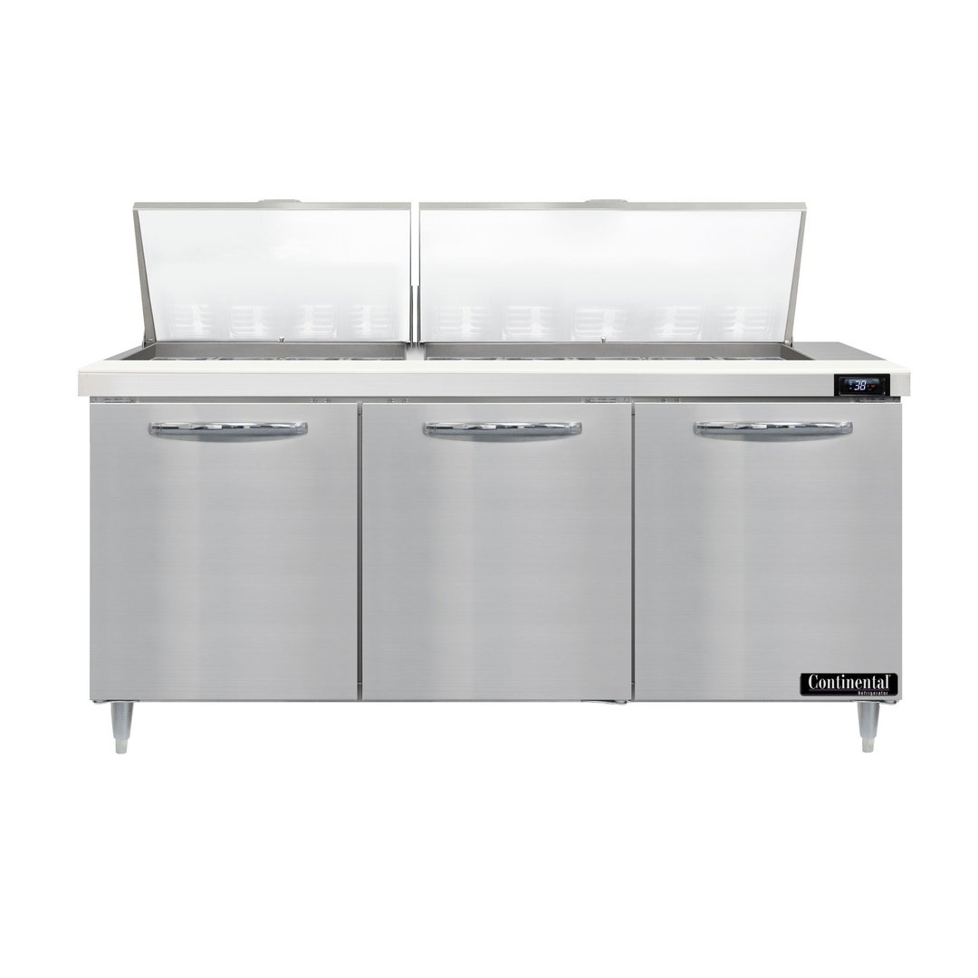 Continental Refrigerator D72N27M 72" Mega Top Sandwich Prep Table w/ 3 Doors, 27 pans