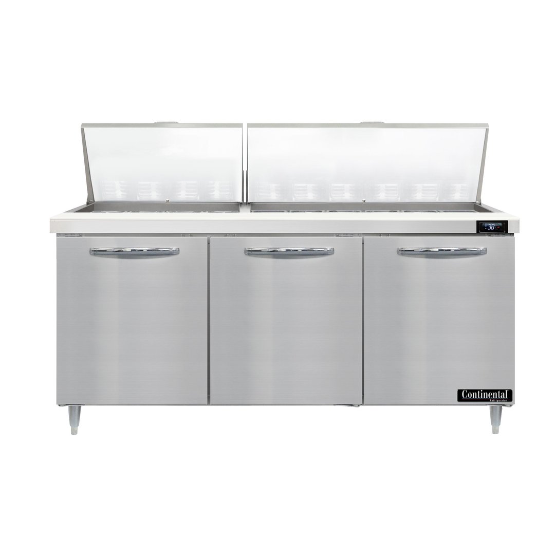 Continental Refrigerator D72N30M 72" Mega Top Sandwich Prep Table w/ 3 Doors, 30 pans