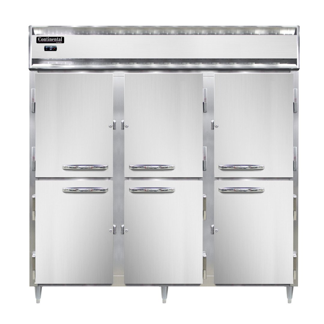 Continental Refrigerator DL3F-SA-PT-HD 78" Three Section Pass-Thru Freezer w/ 12 Half Solid Doors, Stainless Steel Exterior, 70 cu. ft.