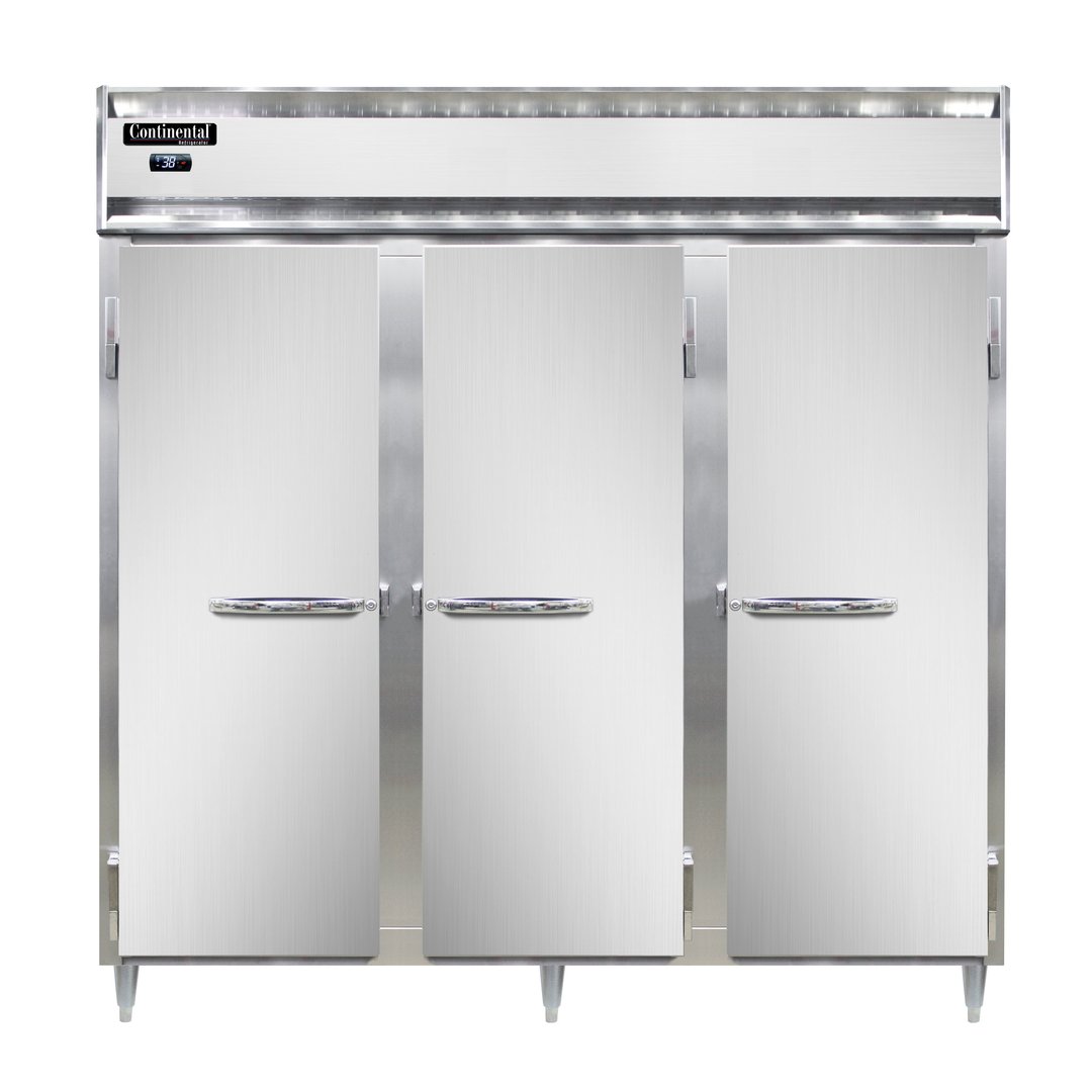 Continental Refrigerator DL3RNPT 78" Three Section Pass-Thru Refrigerator w/ 6 Solid Doors, Stainless Steel Front Aluminum Ends, 72 cu. ft.