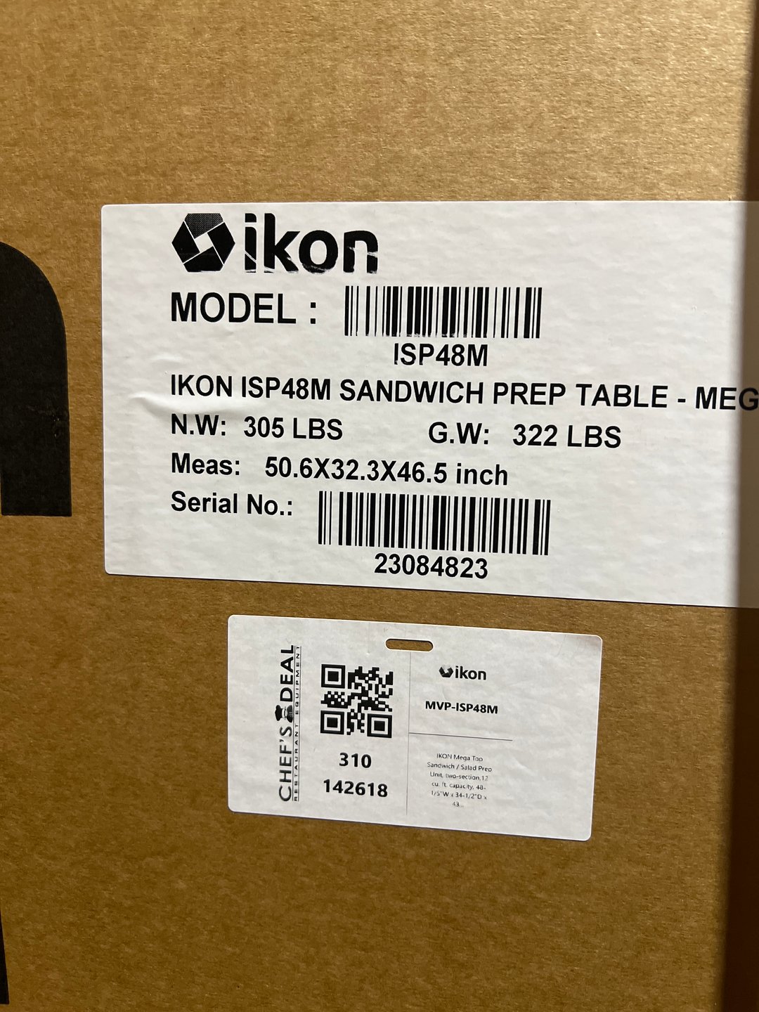 IKON ISP48M 48" Two Section Mega Top Sandwich/Salad Prep Table w/ 2 Solid Doors, 18 Pans, 12 cu. ft. - Open box