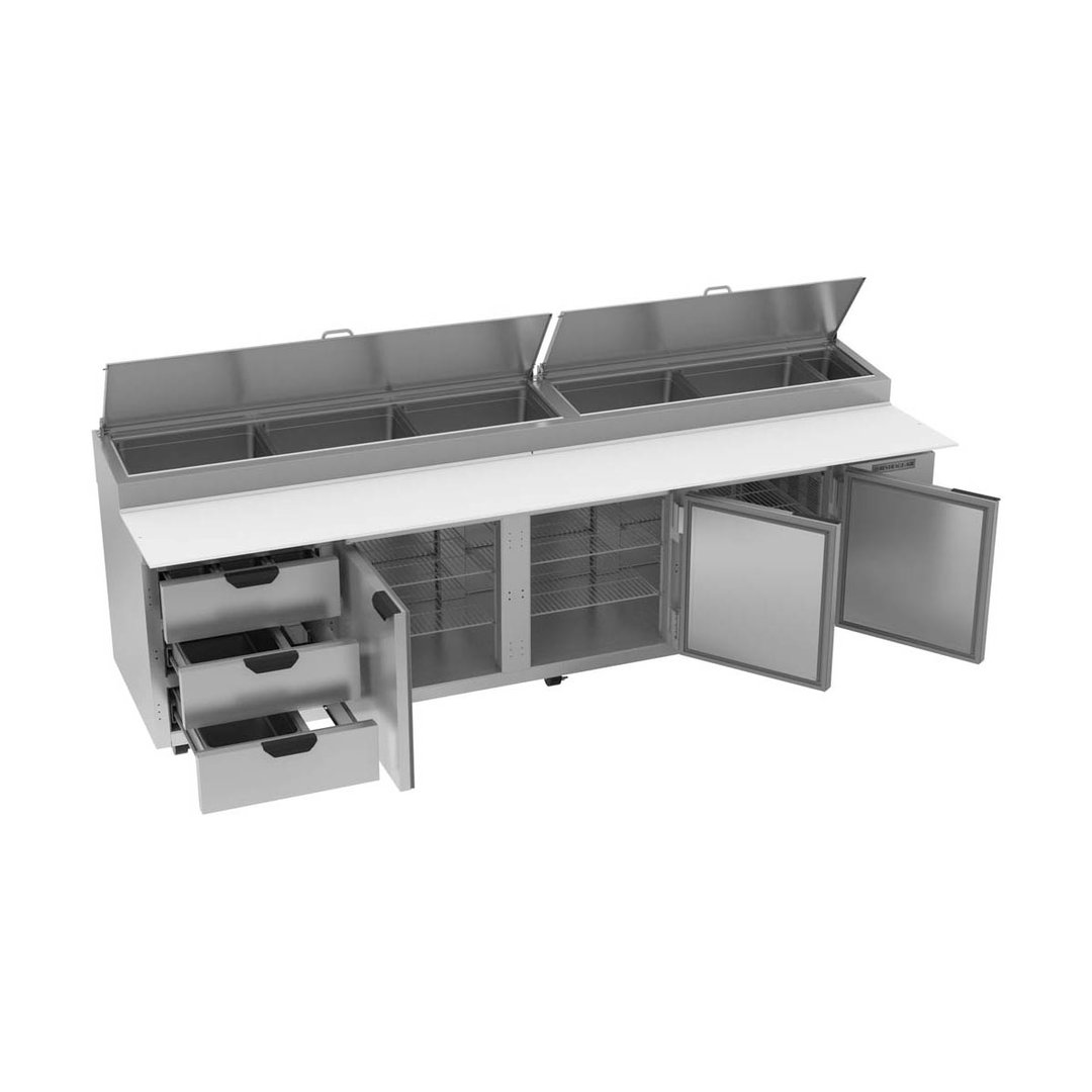 Beverage-Air DPD119HC-3 119" Four Section Refrigerated Pizza Prep Table w/ 3 Doors & 3 Drawers