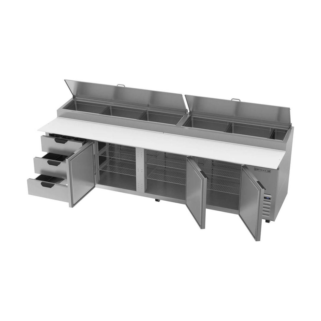 Beverage-Air DPD119HC-3 119" Four Section Refrigerated Pizza Prep Table w/ 3 Doors & 3 Drawers