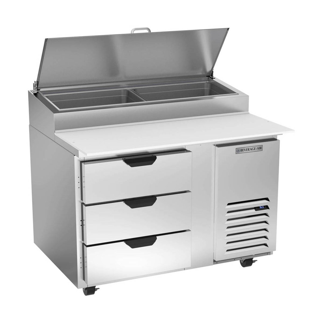 Beverage Air DPD46HC-3 46" One Section Refrigerated Pizza Prep Table w/ 3 Drawers, 12 cu. ft.