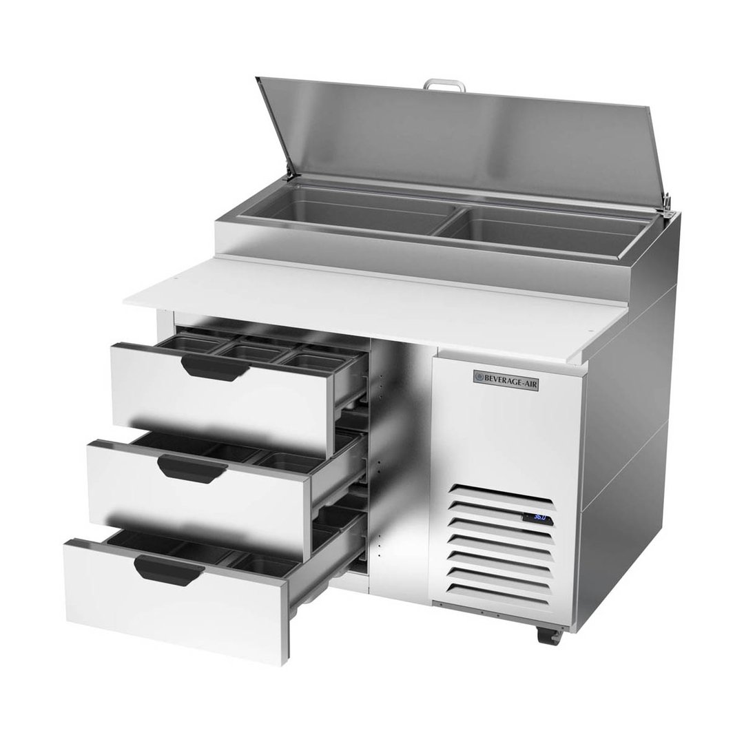 Beverage Air DPD46HC-3 46" One Section Refrigerated Pizza Prep Table w/ 3 Drawers, 12 cu. ft.