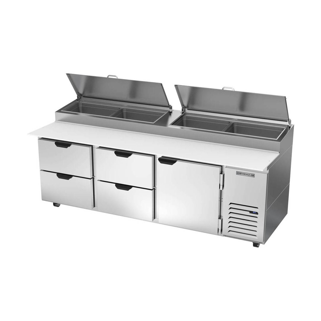 Beverage Air DPD93HC-4 93" Three Section Refrigerated Pizza Prep Table w/ 1 Door & 4 Drawers