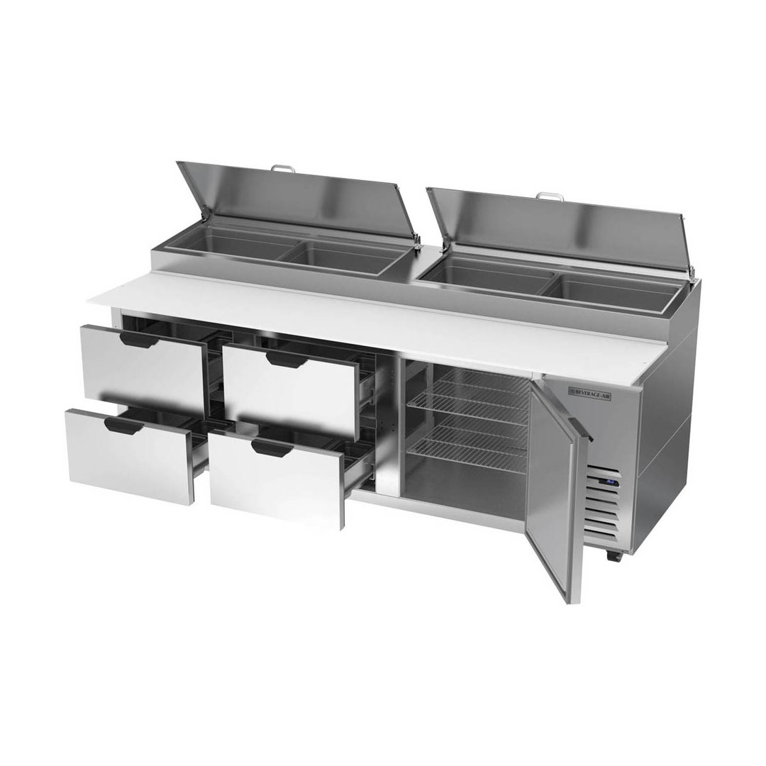Beverage Air DPD93HC-4 93" Three Section Refrigerated Pizza Prep Table w/ 1 Door & 4 Drawers