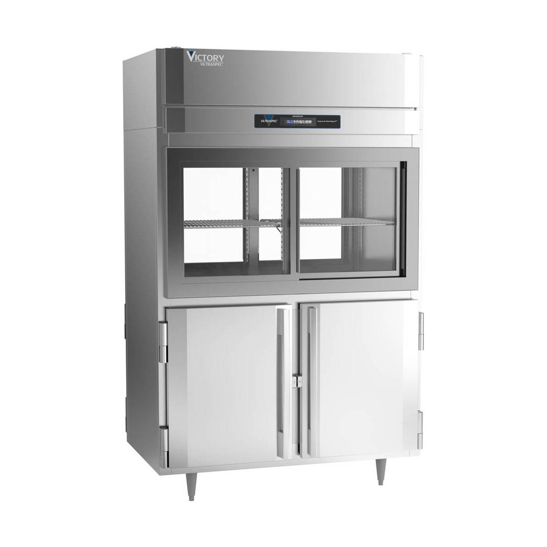 Victory DRS-2D-S1-PT-HD-HC 52" Two Section Pass-Thru Refrigerator, 4 Glass Sliding & 4 Solid Hinged Half Doors, Stainless Steel, 48.5 cu ft
