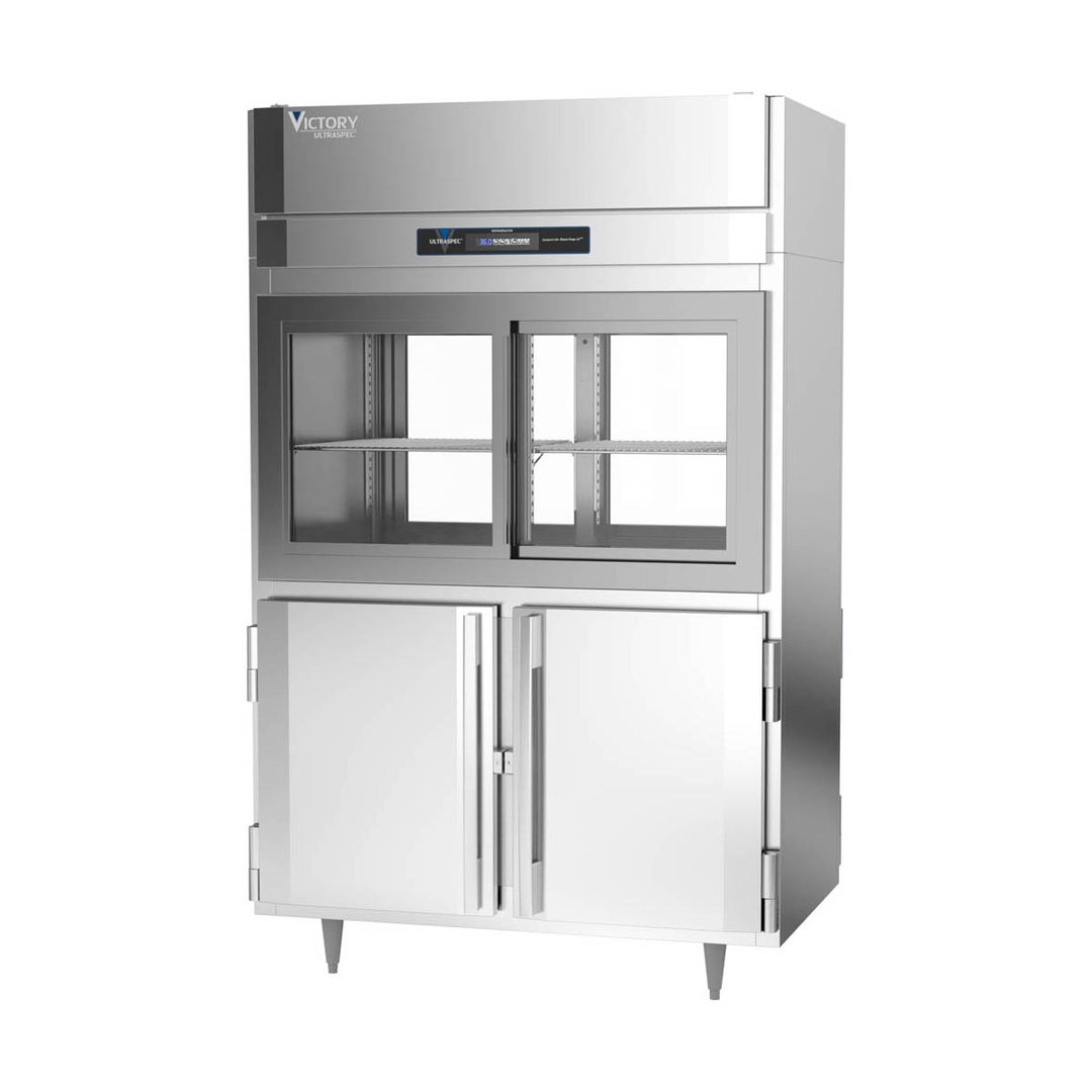 Victory DRS-2D-S1-PT-HD-HC 52" Two Section Pass-Thru Refrigerator, 4 Glass Sliding & 4 Solid Hinged Half Doors, Stainless Steel, 48.5 cu ft
