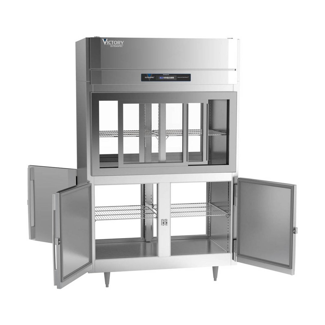 Victory DRS-2D-S1-PT-HD-HC 52" Two Section Pass-Thru Refrigerator, 4 Glass Sliding & 4 Solid Hinged Half Doors, Stainless Steel, 48.5 cu ft
