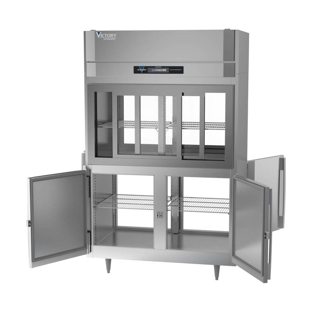 Victory DRS-2D-S1-PT-HD-HC 52" Two Section Pass-Thru Refrigerator, 4 Glass Sliding & 4 Solid Hinged Half Doors, Stainless Steel, 48.5 cu ft