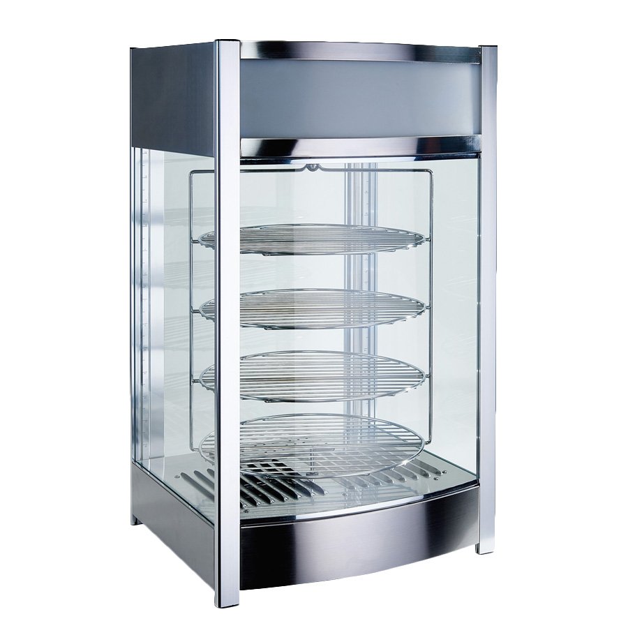 Winco EDM-2 Countertop Hot Food Display Case w/ 4-Tier Rotating Rack, Holds 14" Dia. Pizzas
