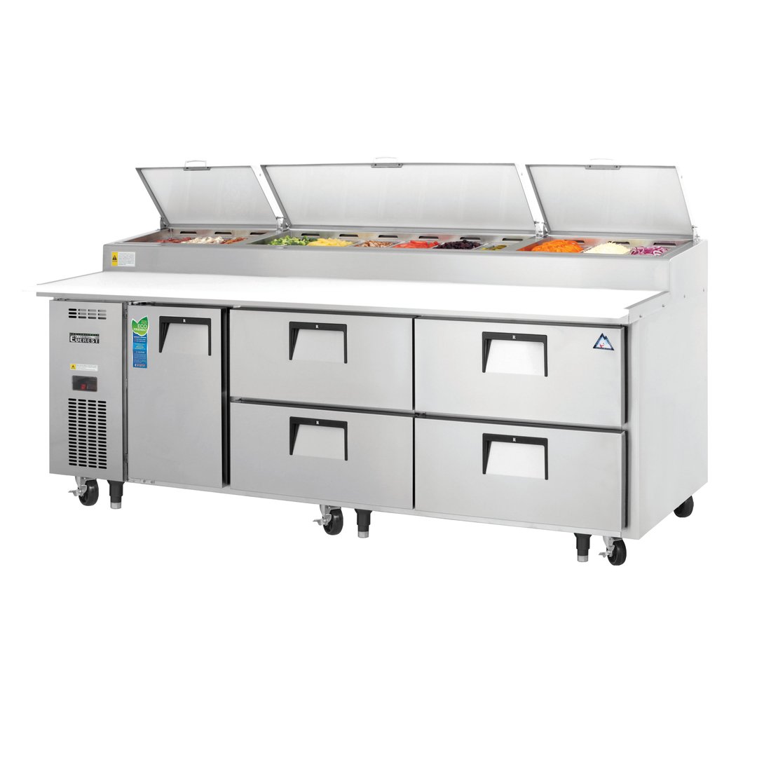 Everest EPPR3-D4 93" Three Section Refrigerated Pizza Prep Table w/ 1 Door & 4 Drawers