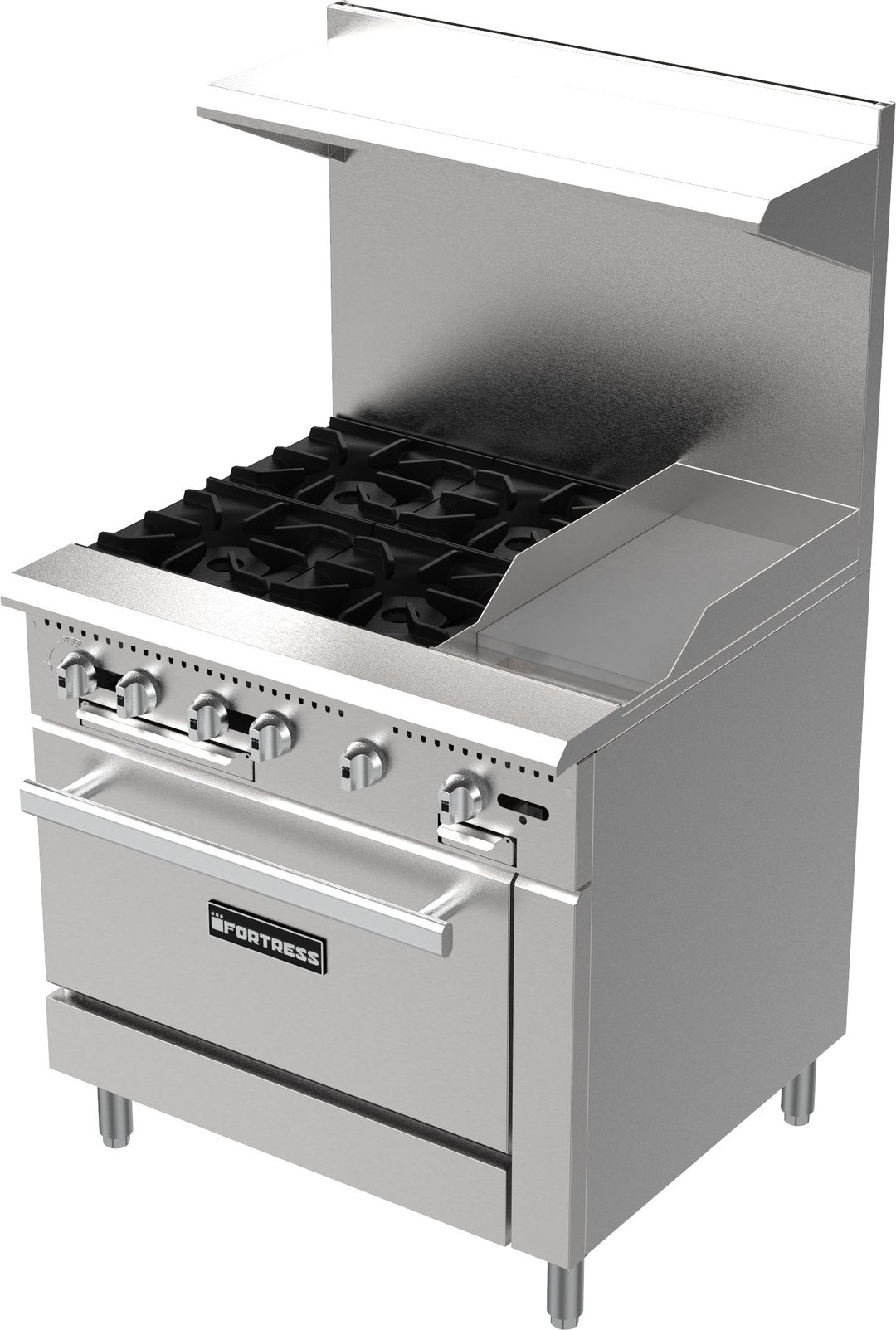 Fortress FGR4B12G 36" Gas Restaurant Range w/ (4) Open Burners, 12" Griddle,  (1) Standard Oven, 165.000 BTU