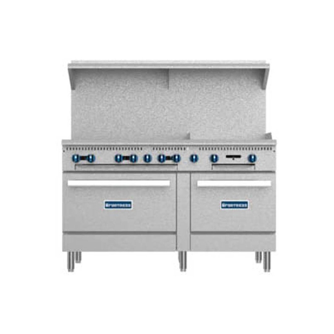 Fortress FGR6B24G 60" Gas Restaurant Range w/ (6) Open Burners, 24" Griddle, (1) Standard Oven, (1) Space Saver Oven, 275.000 BTU
