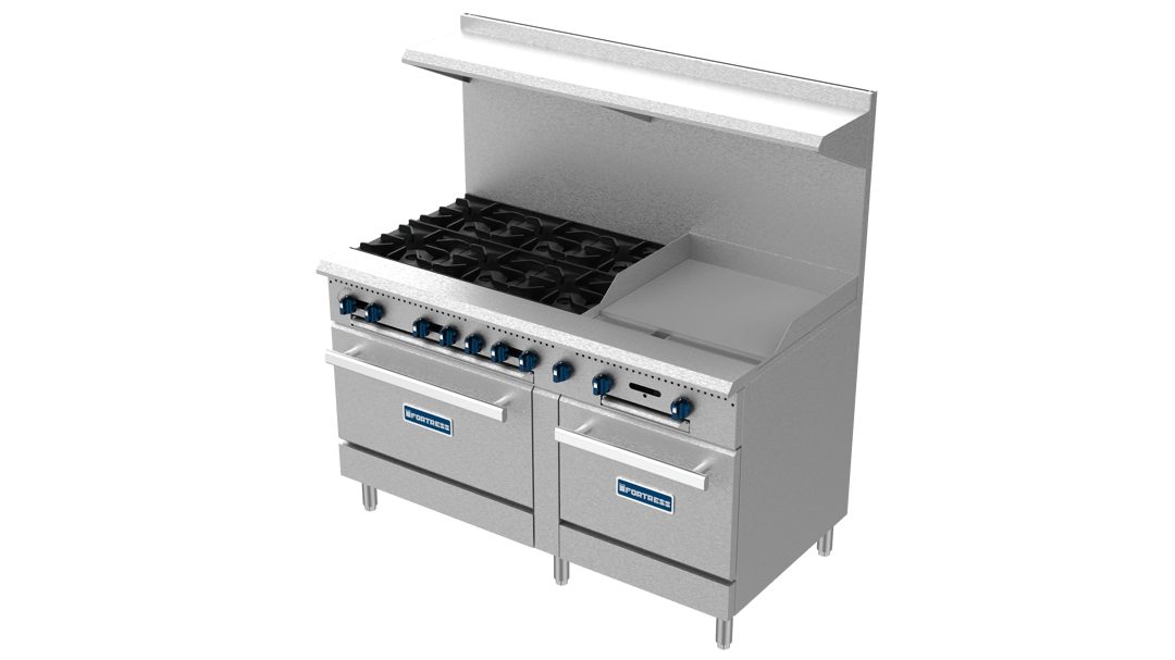 Fortress FGR6B24G 60" Gas Restaurant Range w/ (6) Open Burners, 24" Griddle, (1) Standard Oven, (1) Space Saver Oven, 275.000 BTU
