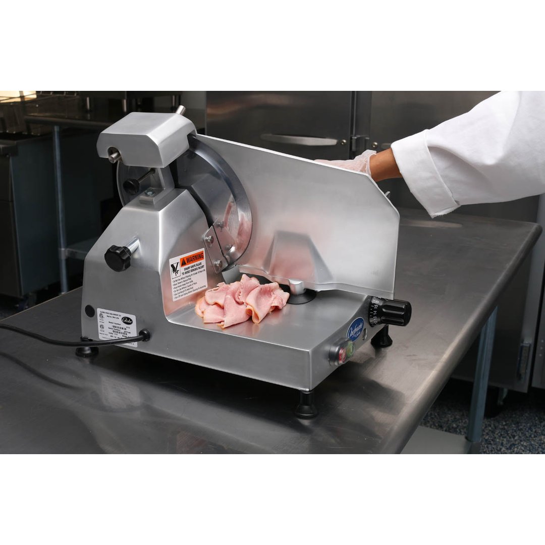 Globe Chefmate C12 12" Manual Gravity Feed Slicer, Belt Driven, Aluminum, 1/3 Hp
