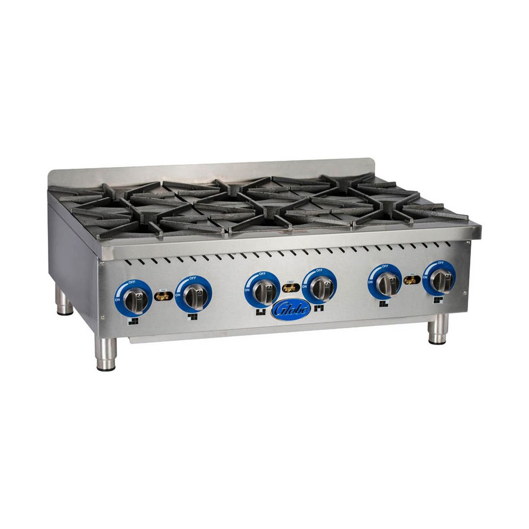 Globe GHP36G 36" Countertop Heavy Duty Gas Hotplate with (6) Burners, 132.000 BTU
