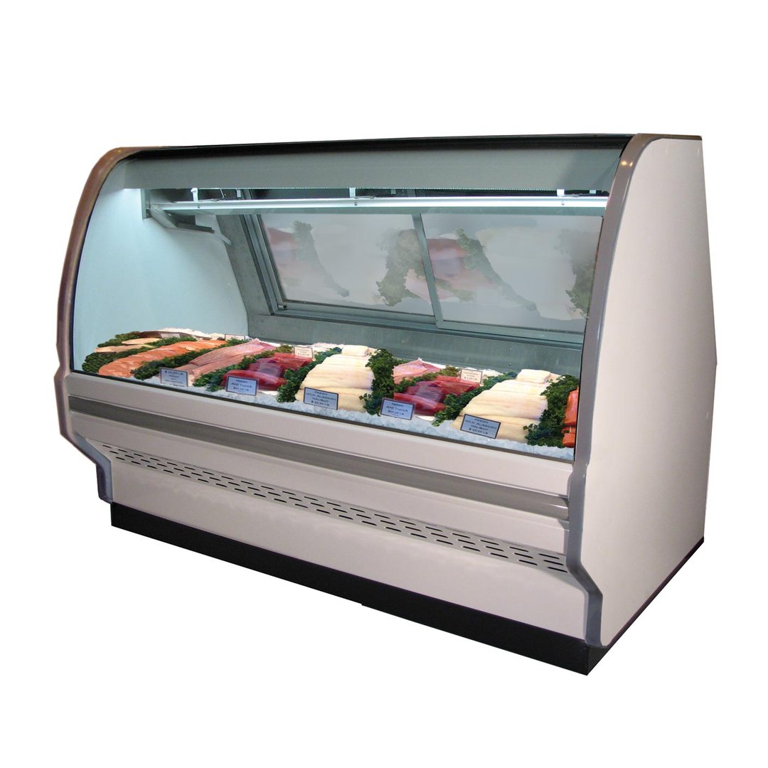 Howard-McCray SC-CFS40E-6C-S-LED 75-1/2" Self-Contained Curved Glass Deli Seafood / Poultry Display Case, 1/4 hp - 3 pans, 37 cu. ft. - Stainless Steel