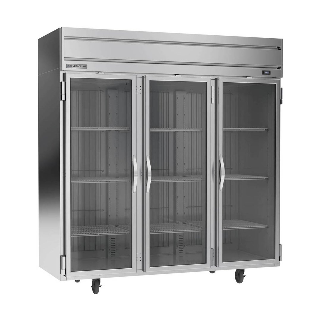 Beverage Air HRP3HC-1G 78" Three Section Reach-In Refrigerator w/ 3 Glass Full Doors, Top Mounted, 1/3 hp, 71.5 cu. ft.