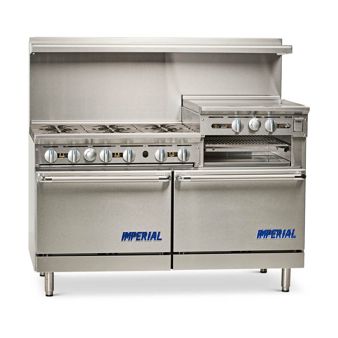 Imperial IR-6-RG24-XB 60" Gas Restaurant Range w/ (6) Open Burners, 24" Raised Griddle/Broiler, (1) Standard Oven, (1) Open Cabinet Base, 267.000 BTU