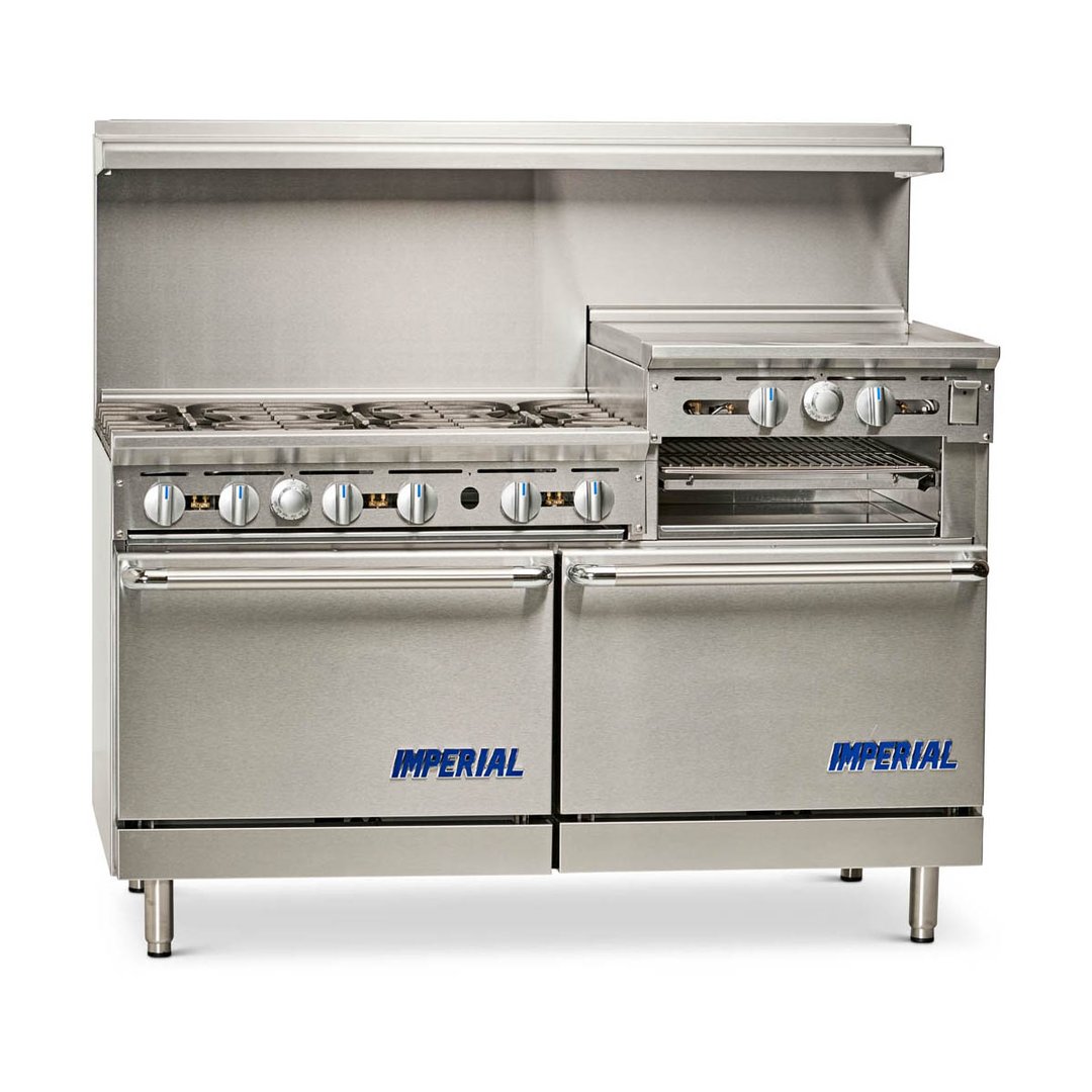 Imperial IR-6-RG24 60" Gas Restaurant Range w/ (6) Open Burners, 24" Raised Griddle/Broiler, (29 Standard Ovens, 302.000 BTU