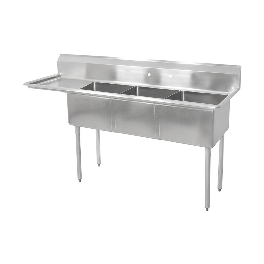 John Boos E3S8-1620-12L18 68" Three Compartment Sink, 16"W x 20"L Bowl With Left-Hand Drainboard