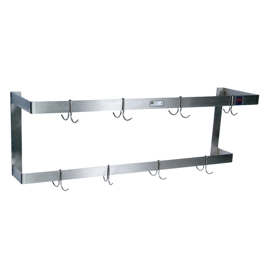 John Boos PRW23A 84" Stainless Steel Double Bar Wall Mounted Pot Rack with 14 Double Hooks