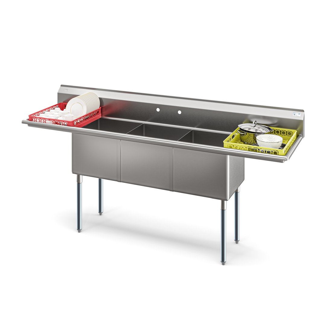 Koolmore KM-SC181814-18B3 90" Three Compartment Sink, 18"Wx18"L Bowl With 2 Drainboards