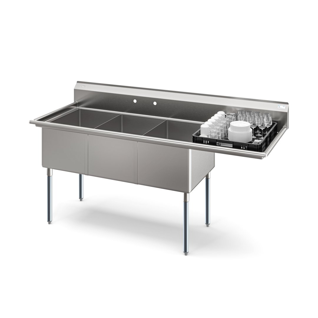 Koolmore KM-SC182414-24R3 81" Three Compartment Sink, 18"W x 24"L Bowl With Right-Hand Drainboard