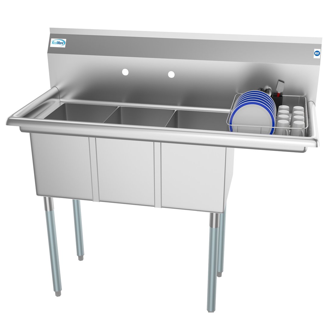 Koolmore SC101410-12R3 45" Three Compartment Sink, 10"W x 14"L Bowl With Right-Hand Drainboard