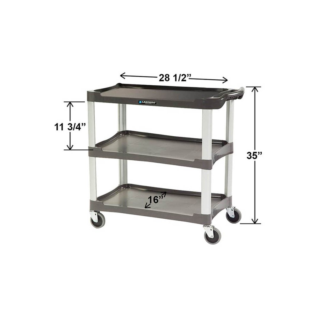 Lakeside 2503 Charcoal Plastic 3 Shelf Utility Cart - 36"W x 18-1/2"D x 35"H